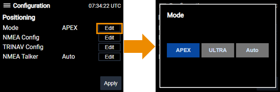 Using the front panel arrow keys to select Apex or Ultra as required, followed by tick